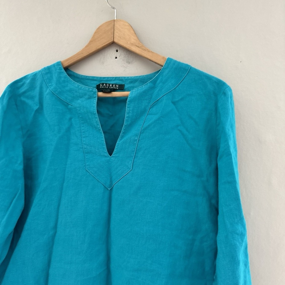 Lauren Ralph Lauren Womens Linen Tunic Top Size M Blue Teal Coastal Nautical - Picture 2 of 10